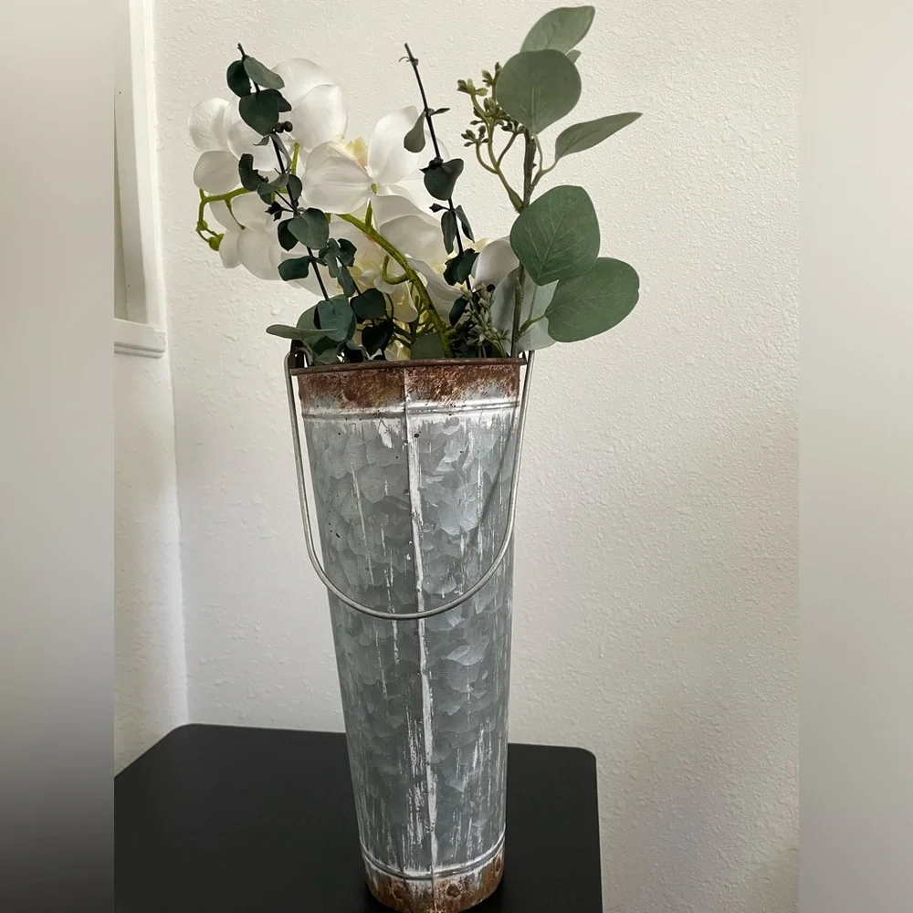 Faux Orchid Flower Arrangement With Rustic Vase 22” H.